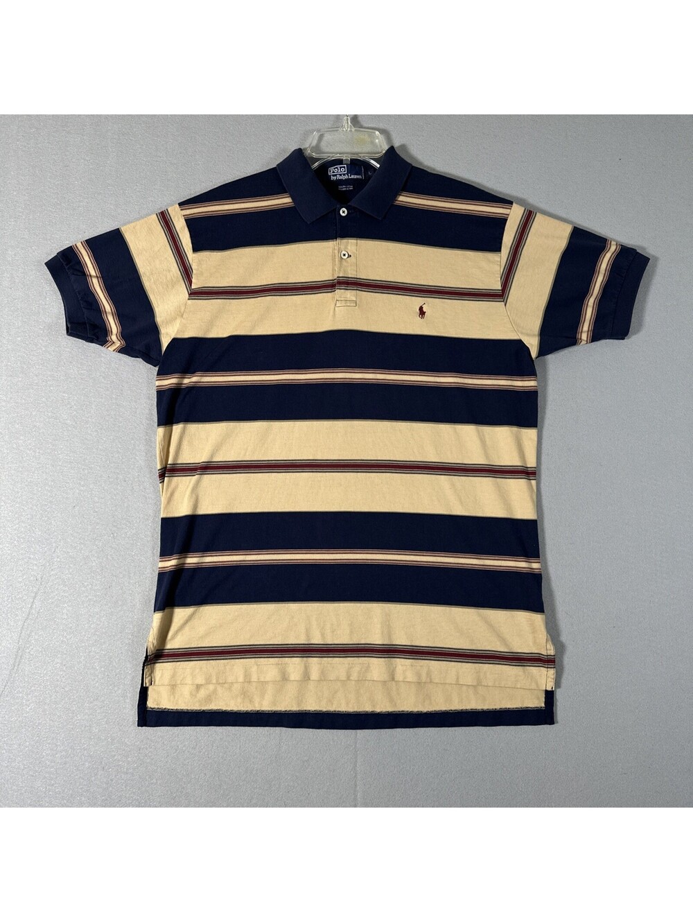 Vintage Polo Ralph Lauren Shirt Polo Mens Large Blue Tan Striped Short Sleeve